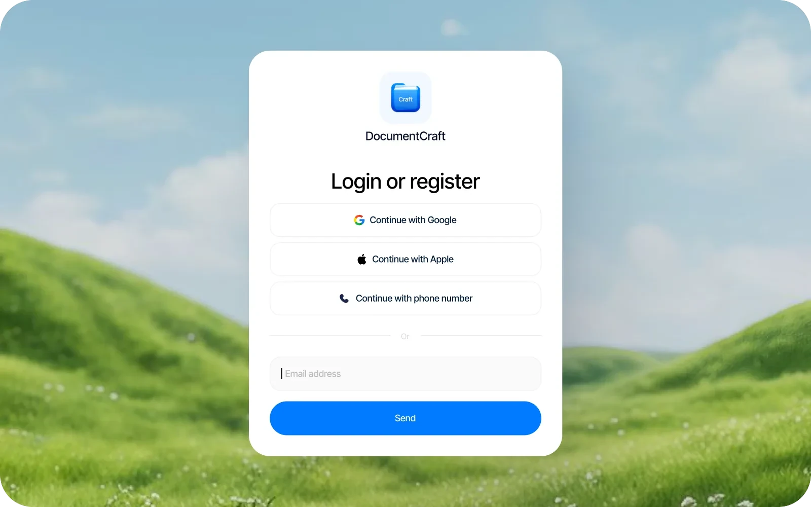 Экран входа DocumentCraft для подписанта: вход через Google, Apple, телефон или почту